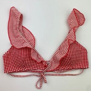 Aerie | Red White Gingham Scoop Tie Ruffle Bikini Top M